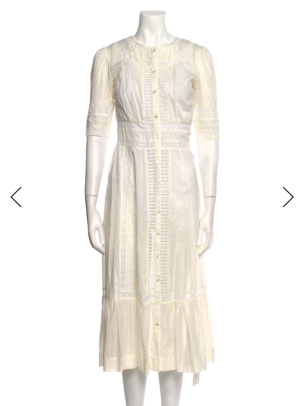 Reformation Cream Button-Down Midi Dress with Lace Insets